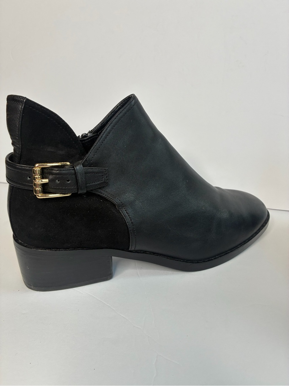 Cole Haan Black Preppy Leather & Suede Ankle Boot with Gold Buckle Size 6.5